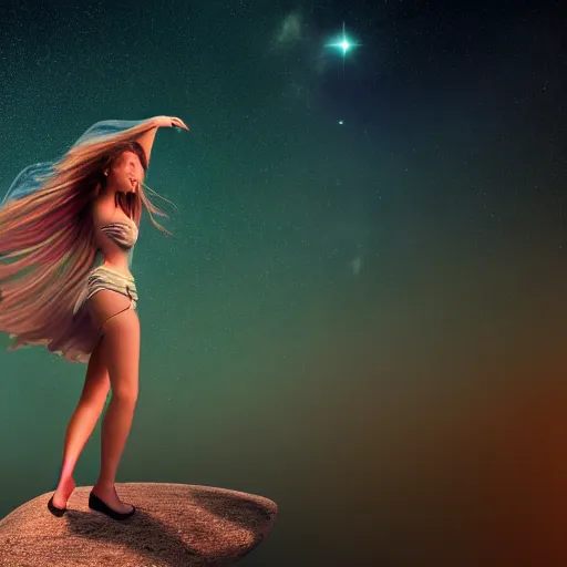 Prompt: A beautiful woman with long, flowy hair standing on a rock, witnessing the explosion of a bulging, corrupted star in space. trending on artstation, artstation futurism, artstation photography, subsurface scattering, 4k, 8k