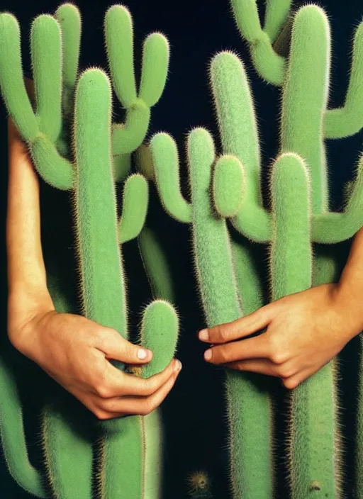 Prompt: extremely detailed studio portrait of hands holding cactuses. surreal photograph, lo - fi, polished look, solid background, silly and serious, hermes ad, fashion photography, toiletpaper magazine by pierpaolo ferrari and maurizio cattelan, 3 5 mm photograph, colourful, david lachapelle, canon eos c 3 0 0, 8 k, medium - format print