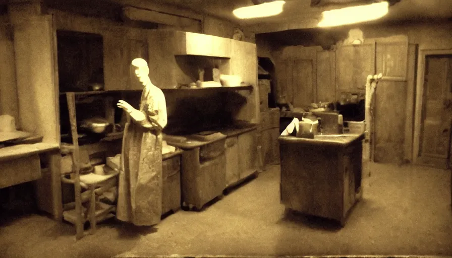 Image similar to a wax puppet in a stalinist style kitchen, mini dv camera found footage, very very low quality picture, heavy grain, caught on security camera, heavy jpeg artifact, night vision very blurry, caught on trail cam, 1 4 4 p, ultra wide lens