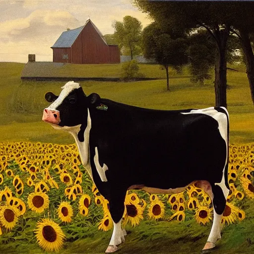 Image similar to portrait of a black and white cow in a beautiful field of sunflowers with a red barn behind it, by Michael Sowa, golden hour, extremely detailed masterpiece, oil on canvas, by J. C. Leyendecker and Peter Paul Rubens and Edward Hopper and Michael Sowa,