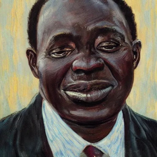 Prompt: a painting of a fatherly, aquiline nose, wide forehead, round face, XXL , loving, caring, generous, ever-present, humble, wise elder from Kenya with a friendly expression in a suit by Lynette Yiadom-Boakye . Fatherly/daddy, focused, loving, leader, relaxed,. ethereal lights, details, smooth, sharp focus, illustration, realistic, cinematic, artstation, award winning, rgb , unreal engine, octane render, cinematic light, macro, depth of field, blur, red light and clouds from the back, highly detailed epic cinematic concept art CG render made in Maya, Blender and Photoshop, octane render, excellent composition, dynamic dramatic cinematic lighting, aesthetic, very inspirational, arthouse.