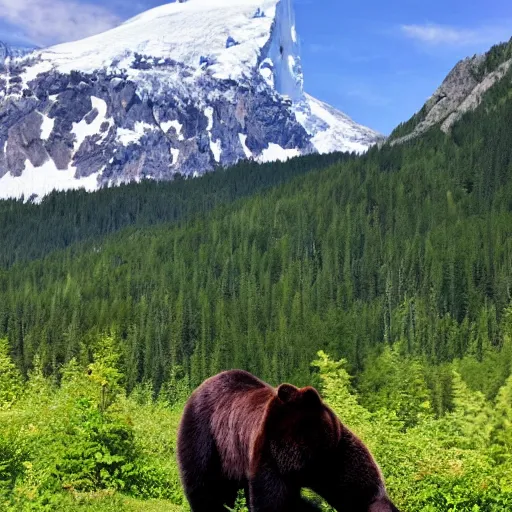 Image similar to spotting a bear from horseback in the pacific northwest, mountains, glaciers, alpine, intergalactic