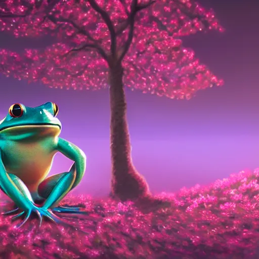 Prompt: anthropomorphic frog meditating under a cherry tree, [ palate ] [ vibrant gothic colors ], vibrant neon nebulous clouds, radiant light rays, photorealistic painting, intricate and fine symmetrical details, volumetric lighting, artstation, octane render, unreal engine