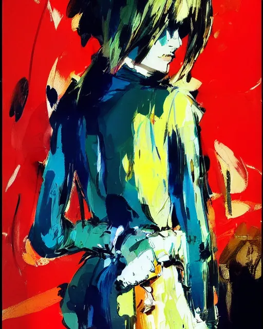 Image similar to Fashion model girl by Ashley Wood, Yoji Shinkawa, Jamie Hewlett, 60's French movie poster, French Impressionism, vivid colors, palette knife and brush strokes, Dutch tilt