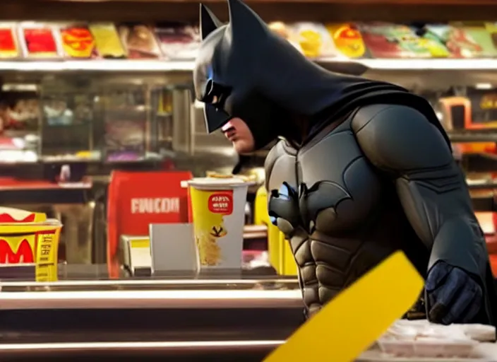 Prompt: film still of Batman working as a cashier at McDonalds in the new batman movie, 4k