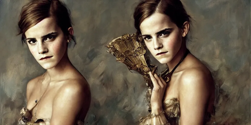 Image similar to emma watson frowning detailed portrait painting by gaston bussiere craig mullins j. c. leyendecker photograph by richard avedon peter lindbergh annie leibovitz