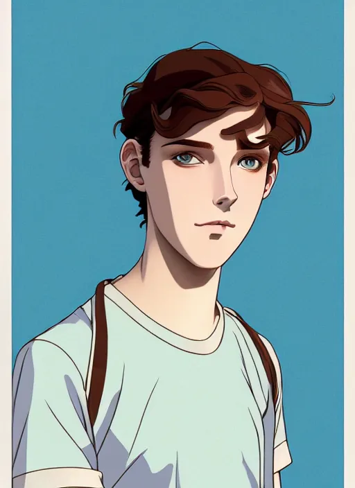 Image similar to art nouveau portrait of a teen boy with completely straight auburn hair, light blue eyes, pale skin, freckles, sad expression, t - shirt, modern casual clothing, natural lighting, path traced, highly detailed, high quality, cartoon, digital painting, by don bluth and ross tran and studio ghibli and alphonse mucha