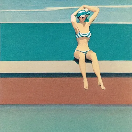 Image similar to acrylic painting on wood of a woman wearing a swimming cap diving from a high diving board into a pool. the pool is out of frame. teal, white, black and grayscale. simple. flat. vintage, mid - century modern. mid - drive, in the air, fully body, anatomically correct by edward hopper