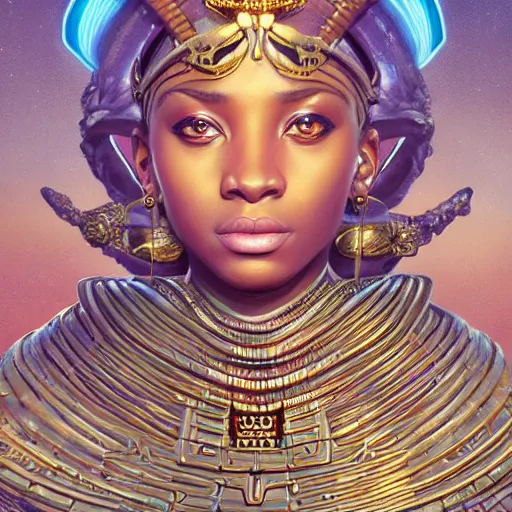 Image similar to highly detailed portrait of an african egyptian goddess, intricate alien technology, stephen bliss, unreal engine, fantasy art by greg rutkowski, loish, rhads, ferdinand knab, makoto shinkai and lois van baarle, ilya kuvshinov, rossdraws, tom bagshaw, global illumination, radiant light, detailed and intricate environment