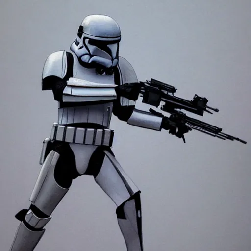 Image similar to an extremely long shot of an imperial stormtrooper in battle position ready to shoot his blaster concept art by Doug Chiang cinematic, realistic painting, high definition, very detailed, extremely high detail, photo realistic, concept art, the Mandalorian concept art style