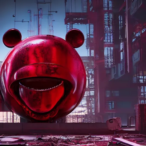 Prompt: a giant mickey mouse head, factory floor, dissected by a group of network executives, octane render, cgstation, 3 d render, very detailed, mindblowing, blood and guts, gritty, cyberpunk, red and cinematic lighting, hyper realism