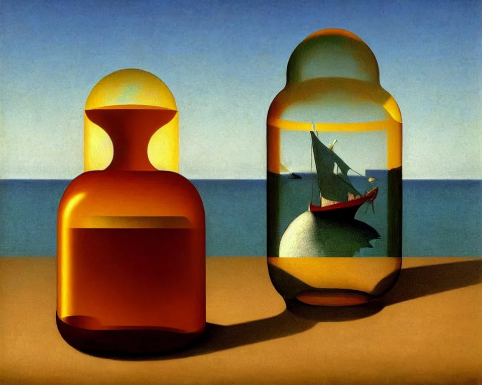 Prompt: a ship in a bottle by raphael, hopper, and rene magritte. detailed, proportional, romantic, enchanting, trending on artstation