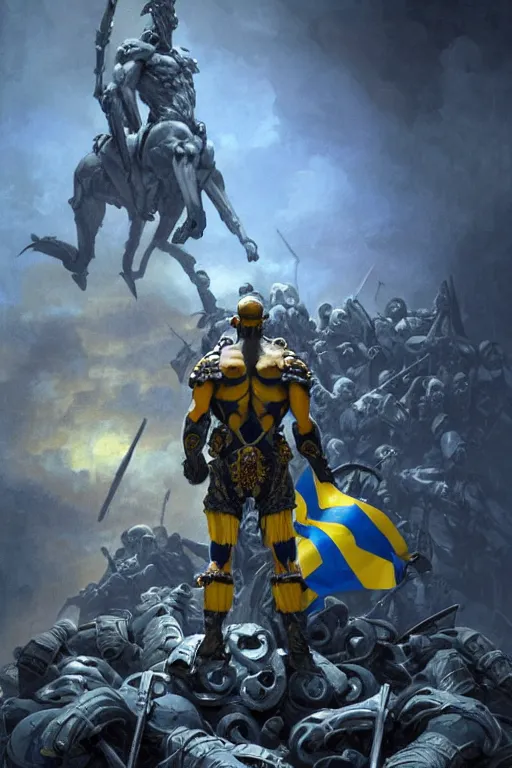 Image similar to a distant shot from behind of a Ukrainian super soldier with blue and yellow flag behind him standing alone on a huge pile of skulls as a winner, masculine muscular figure, D&D, fantasy, intricate, elegant, highly detailed, extremely detailed, digital painting, artstation, concept art, matte, sharp focus, illustration, art by Artgerm and Greg Rutkowski and Alphonse Mucha