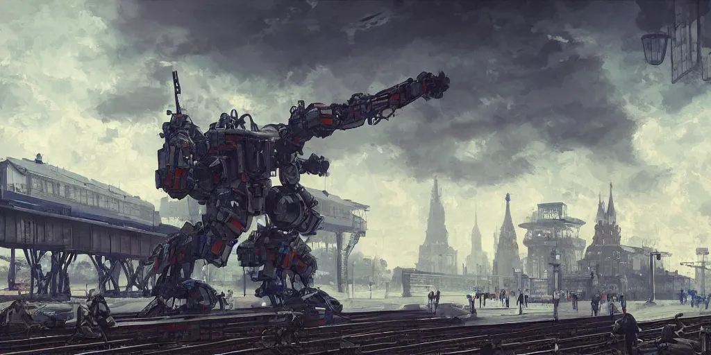 Prompt: a russian mecha, train station in summer, matte painting, afternoon, drama, by rozalski, artstation