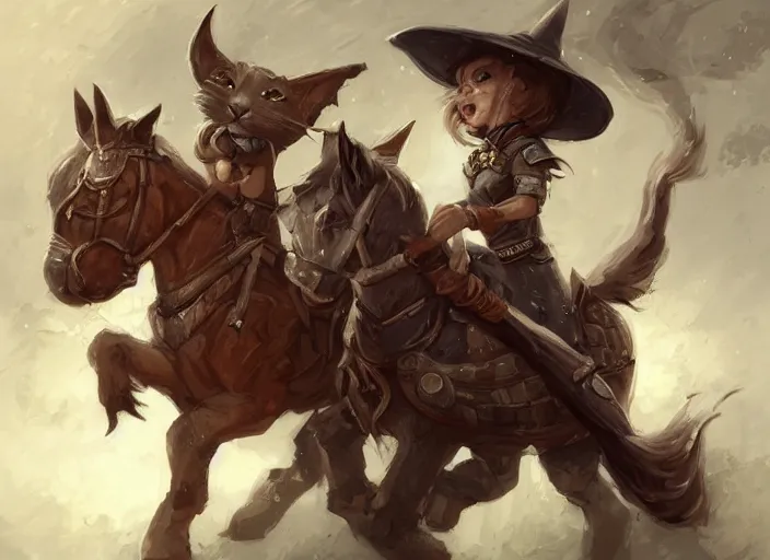 Image similar to cute little cat with wide - brimmed hat riding horse, tiny, small, miniature animal, baby animal, short, pale black armor, cute and adorable, pretty, beautiful, dnd character art portrait, matte fantasy painting, deviantart artstation, by jason felix by steve argyle by tyler jacobson by peter mohrbacher, cinematic lighting