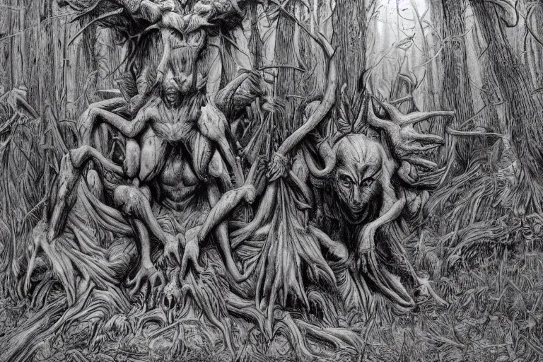 Image similar to multi headed demon in a forest in the style of wayne barlowe