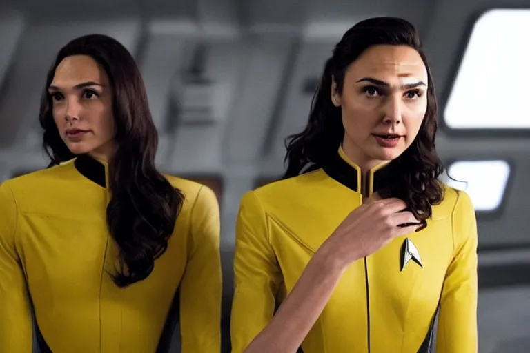 Image similar to Gal Gadot, wearing a yellow uniform, is the captain of the starship Enterprise in the new Star Trek movie