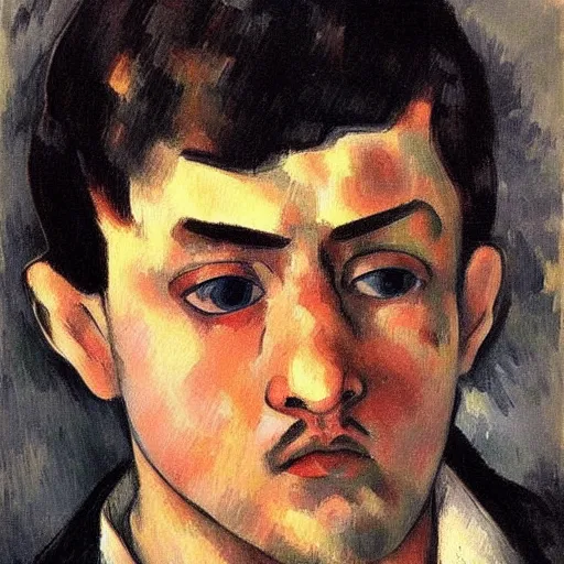 Image similar to A sad, melancholic, expressionless face that is trying to hold in anger, male face, tears, dark aesthetic, can\'t escape the sad expression, digital, realistic eyes, trending on artstation, art by Paul Cezanne