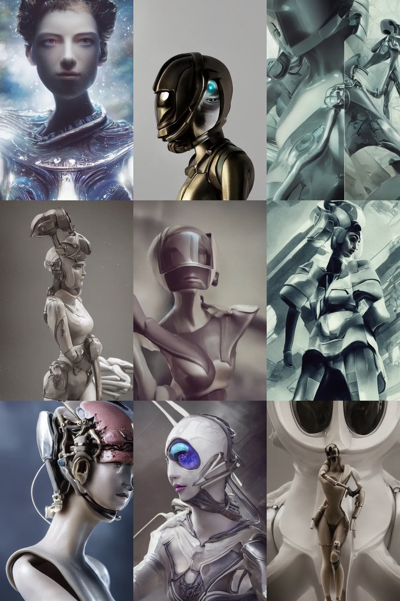 Prompt: anamorphic beautiful cinematic photo in style of 1 9 9 0 s frontiers in miniature porcelain retrofuturism deep diving helmet fashion magazine blade runner seinen manga closeup edition, real - life art nouveau porcelain figurine, highly detailed, eye contact, pointe pose, soft lighting, wide shot, tilt shift zaha hadid background