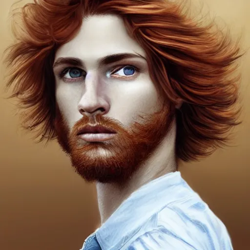 Image similar to 2 4 - year - old man, masculine face, square jaw, ginger hair, dark blue eyes, hyper realistic face, beautiful eyes, highly detailed, digital painting, smooth, sharp, beautiful face, expressive eyes, long fluffy wavy ginger hair, art by greg rutkowski and alex gray