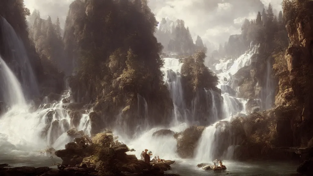 Image similar to a kingdom near the great alpine waterfall. andreas achenbach, artgerm, mikko lagerstedt, zack snyder, tokujin yoshioka