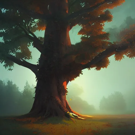 Image similar to a tall old tree with golden leaves, characterized by roman shipunov, etienne hebinger, atey ghailan, cgsociety, cynical realism, fantasy art, 2 d game art