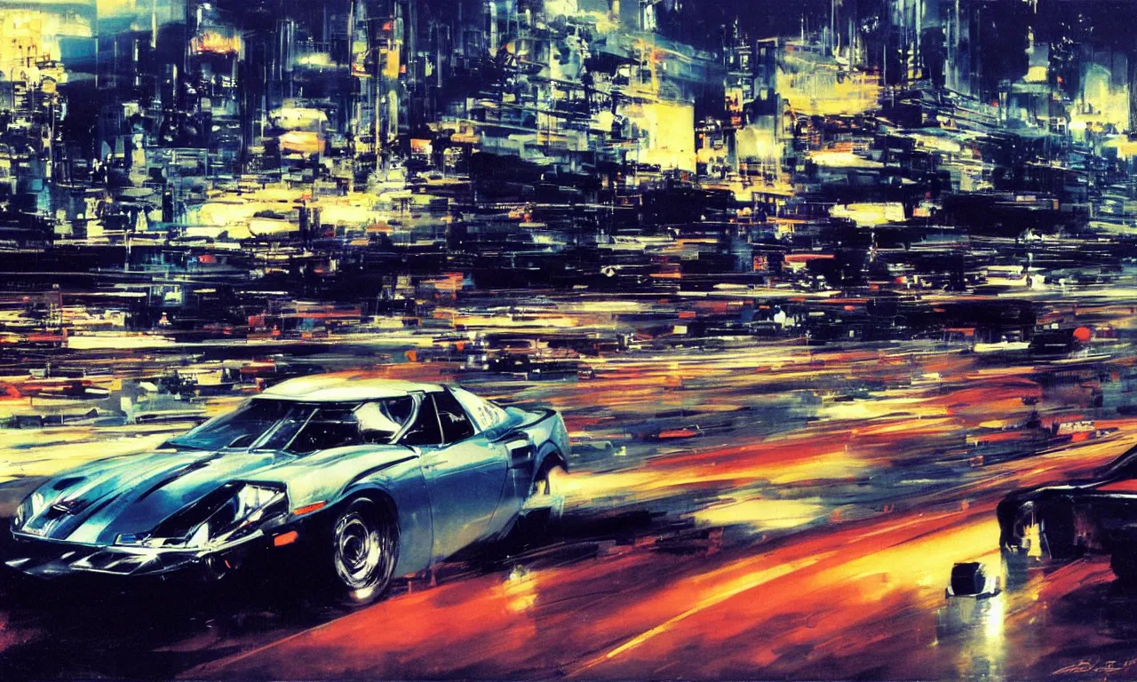 Prompt: sports car cruising throught a night city by john berkey, masterpiece