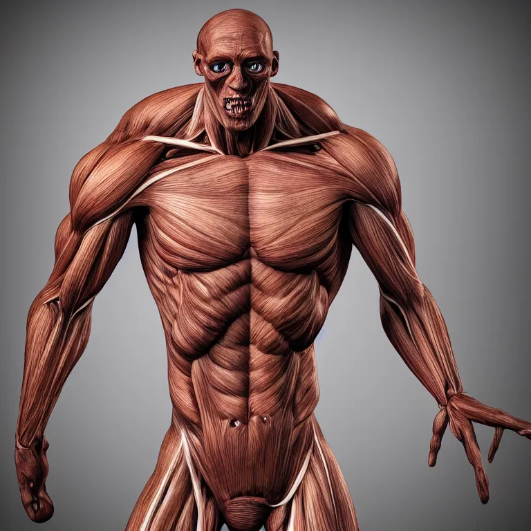 Image similar to monster with gleaming eyes, anatomically accurate model of the full human muscular system, full body, intricate parts, fine details, hyper - realistic