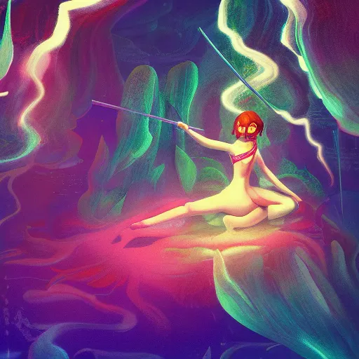 Image similar to Emma Stone with katana swimming in chromatic distortions in misty mysterious astral temple, beautiful, psychedelic, lsd, trending on artstation, omnious, soft, artwork by Tran, Ross