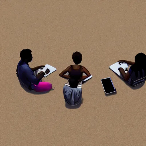 Image similar to group of black people working with macbook sitting on the beach sand, photorealism, ultra detailed, dynamic light