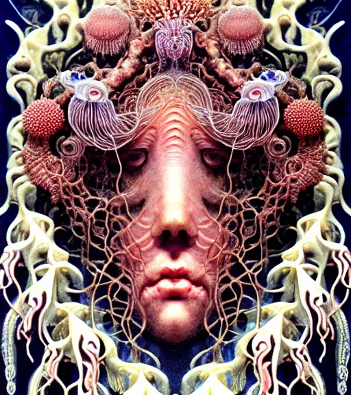 Prompt: hyperrealistic detailed underwater face portrait of the beautiful god of the jellyfish with an intricate headgear of corals, sea kelp, sea plants, fish, starfish, jellyfish, art by ernst haeckel, james jean, john william godward, gothic, neo - gothic, ornamental, beautiful deep colours,