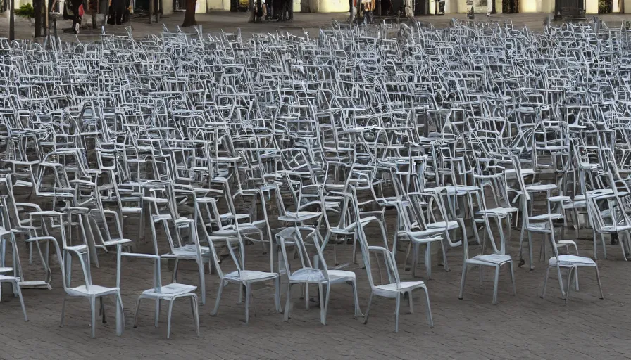 Prompt: many ten meters high piles of chairs along the walls of the street, hyperrealistic shaded