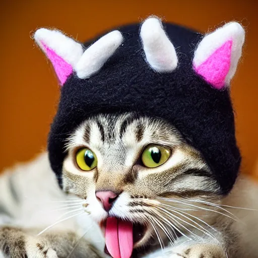 Image similar to cute cat photo licking tongue, wearing wool hat, cat ears