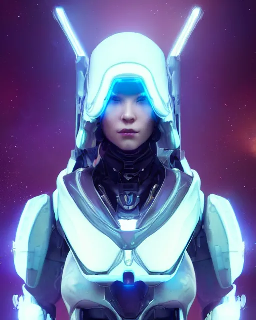 Image similar to perfect android girl on a mothership, warframe armor, beautiful face, scifi, futuristic, galaxy, nebula, raytracing, dreamy, long white hair, blue cyborg eyes, sharp focus, cinematic lighting, highly detailed, artstation, divine, by gauthier leblanc, kazuya takahashi, huifeng huang