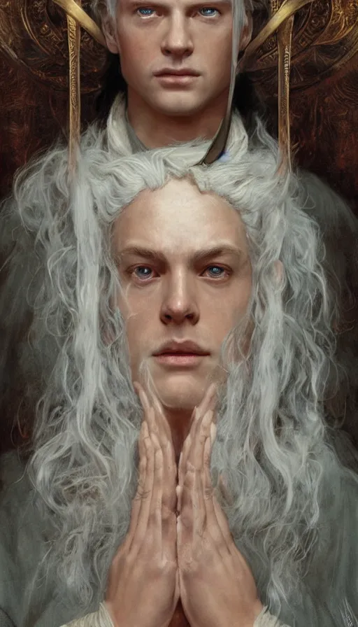 Prompt: epic masterpiece portrait lord of the rings in dungeons and dragons, long robe, sweaty skin, hyperrealistic, octane render, cinematic, beautiful face and flawless skin, perfect hands, 5 fingers, by Edgar Maxence and Ross Tran and Michael Whelan, Legends of Runeterra
