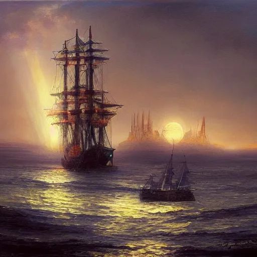 Image similar to a beautiful coastline with an ominous biopunk tower with glowing lights rising in the distance with a sailing ship in the foreground, painting by John Berkley