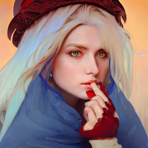 Image similar to oil painting of a priestess white haired women, cameraflash portrait by ilya kuvshinov, artgerm, alphonse mucha, and greg rutkowski, wearing blue coat, red makeup, wind mage, casting a spell, fantasy artwork, fantastic artwork, 4 k, trending on artstation