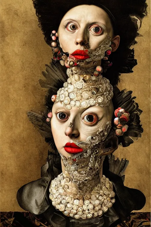 Image similar to Detailed maximalist portrait with large lips and with large eyes, sad exasperated expression, HD mixed media, 3D collage, highly detailed and intricate illustration in the style of Caravaggio, dark art, baroque