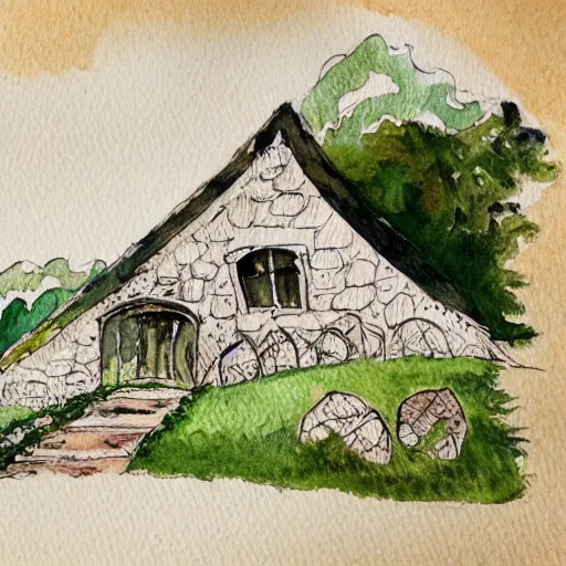 Image similar to a watercolor and ink painting of a cottage, drawn on white parchment paper