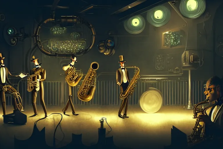 Image similar to 3 steampunk robot jazz musicians playing at a night club, focus on the musicians, cinematic lighting, exaggerated detailed, unreal engine, octane render, trending on artstation, art by greg rutkowski, 4 k