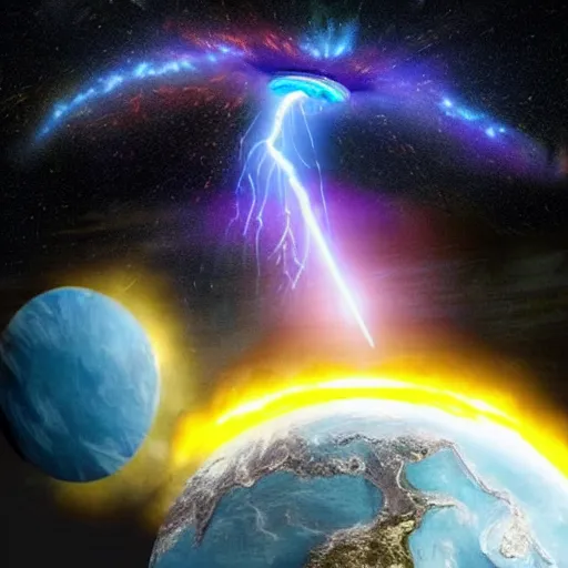 Image similar to look in the sky, you can see an enormous alien ship firing a plasma beam at the earth’s surface! The beam causes a huge explosion that rips the ground up into the air with a giant shockwave