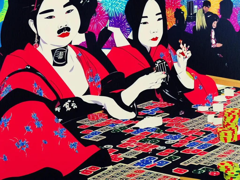 Image similar to hyperrealistic composition of the detailed woman in a japanese kimono sitting at a extremely detailed poker table with detailed darth vader, fireworks, mount fuji on the background, pop - art style, jacky tsai style, andy warhol style, acrylic on canvas