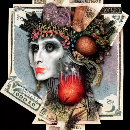 Image similar to post - punk new age album cover, asymmetrical design, dollar bank notes, capitalism, magic, apocalypse, psychedelic, black white pink, magic, giger h. r., giuseppe arcimboldo