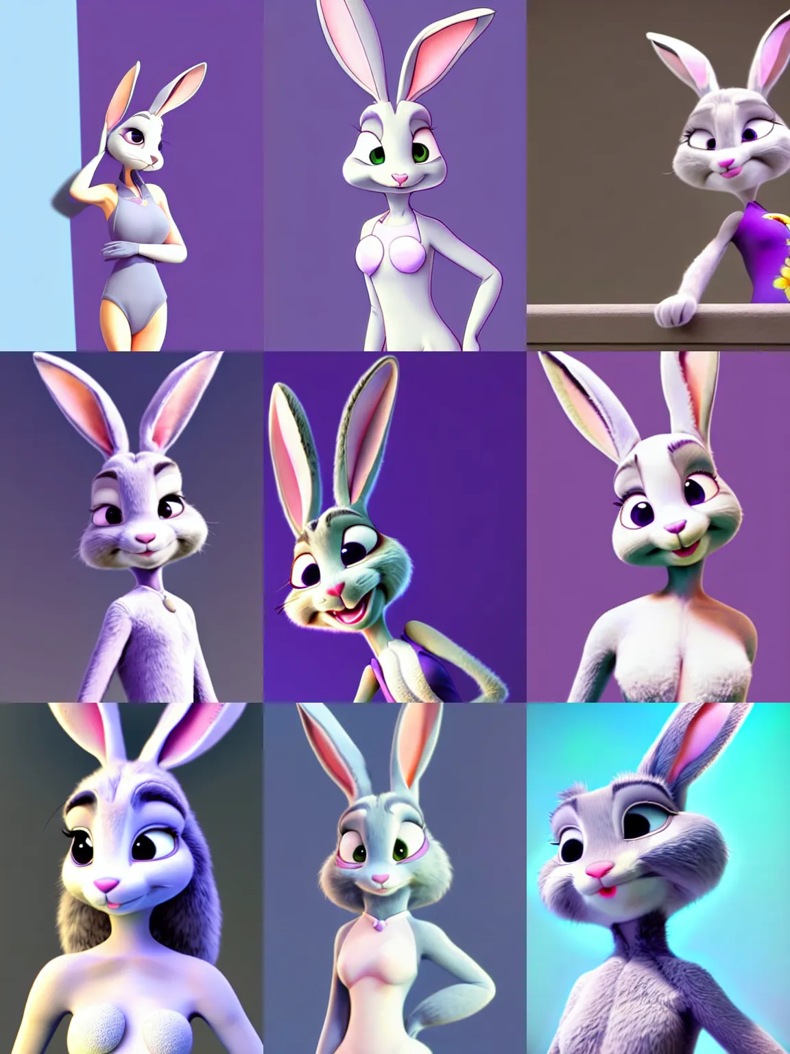 Prompt: slim sexy feminine grey rabbitbunny from zootopia, female beautiful gray rabbit from pixar, fluffy gorgeous beautiful zootpia bunny femme, sexy judy hopps in a one piece swimsuit, purple eyes, symmetric face, fluffy chest, full body shot