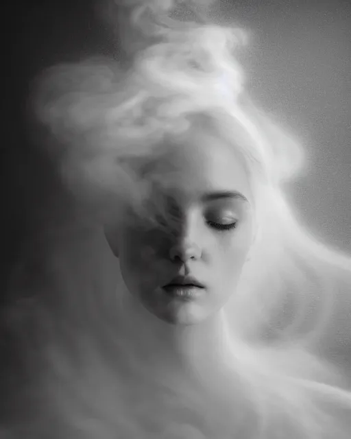 Image similar to monochrome, dreamy, subsurface scattering, white, young beautiful goddess in cosmos with very long white hair floating in air, fluid smoke art, black and white, octane render, dino valls, mark ryden, joe fenton, michal karcz, highly detailed, rim light, art, cinematic lighting, very coherent, hyper realism, 8 k