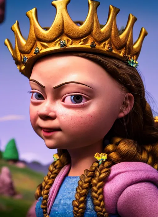 Image similar to highly detailed closeup, face profile portrait of greta thunberg as a tin toy fairytale princess wearing a crown eating cakes, bikini, unreal engine, nicoletta ceccoli, mark ryden, earl norem, lostfish, global illumination, detailed and intricate environment