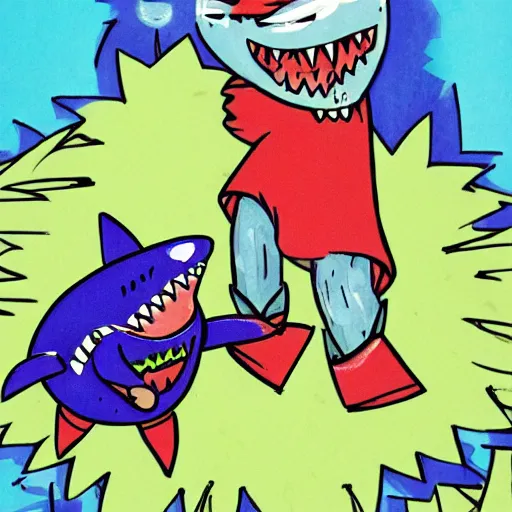 Image similar to a children's book illustration of a luchador wrestling a shark