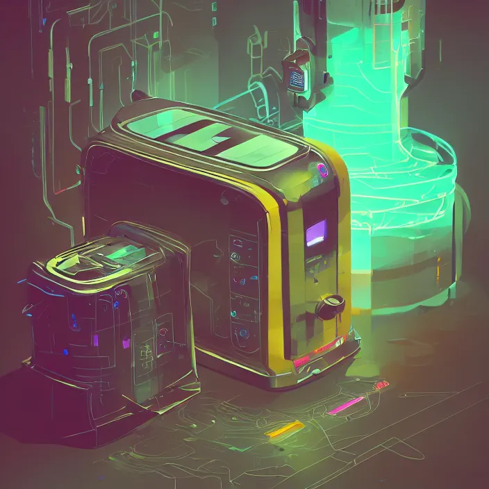 Prompt: futuristic toaster with complex circuitry, detailed technical drawing, sci-fi, 4k resolution, by Anton Fadeev, Artstation