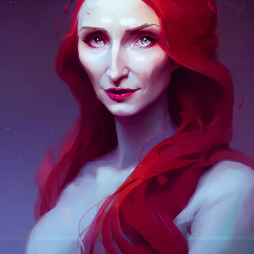 Image similar to a beautiful portrait of nubile melisandre, concept art by pete mohrbacher and guweiz and ilya kuvshinov, digital art, highly detailed, intricate, sharp focus, trending on artstation hq, deviantart, unreal engine 5, 4 k uhd image