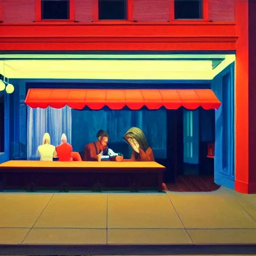 Image similar to an 80s dinner at night, the lights light up the street, Man with a paper bag over his head, in the style of Edward Hopper, 4K,